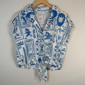 Calypso St. Barth Linen Blend Tie Front Button Up T-Shirt Top Large Coastal
